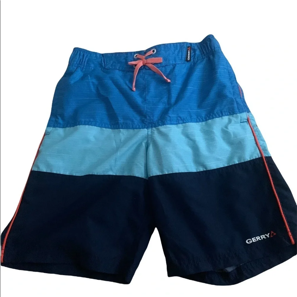 Gerry Gear | Youth Boys Swim Trunks Medium Blue Ocean Hot Orange Striped